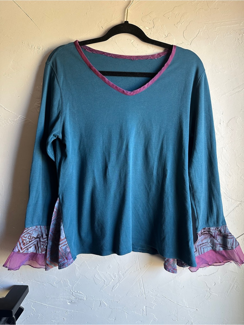 Teal Purple Fairy Grunge Boho Layered Bell Ruffle Sleeve Top Whimsigoth Sz L
